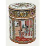 A cylindrical famille rose jar and cover in 19th c Canton style, 20th c, 25cm h Jar cracked