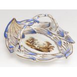An English porcelain basket, Staffordshire, c1830, of shaded blue and gilt leaf moulded shape and