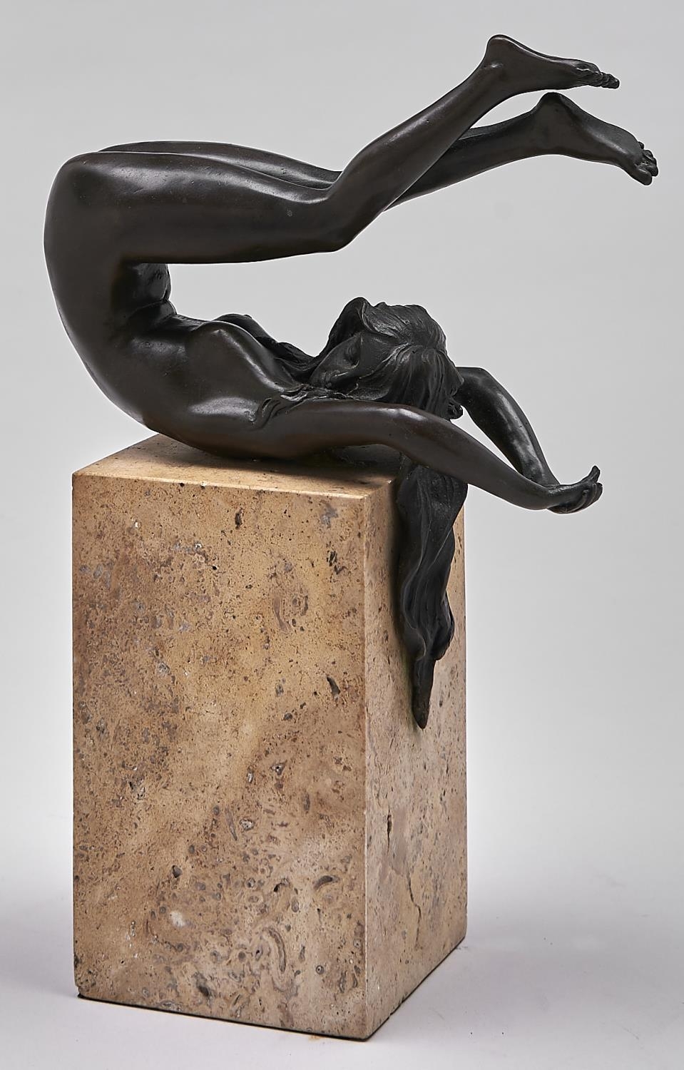 A bronze sculpture of a nude woman, late 20th c, on marble base, 28cm h Good condition