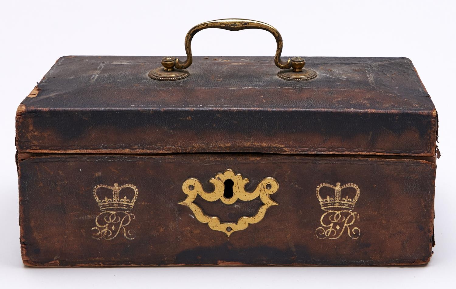 A George III tooled leather covered wood dispatch box, late 18th c, with brass carrying handle,