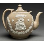 A Victorian saltglazed buff stoneware teapot and cover of unusually large size, late 19th c,