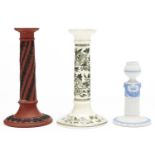 A Wedgwood Rosso Antico Wreathed Laurel Pillar candlestick, c1835,  21cm h, impressed mark and RK, a