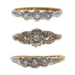 Three diamond rings, in gold marked 18ct, 6.5g, size I, L & M Light wear
