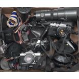 A collection of Olympus 35mm single lens reflex cameras and lenses, comprising OM-1, OM-2, OM-2N and