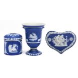 A Wedgwood dark blue jasper dip vase, heart shaped box and cover and a hair tidy and cover, late