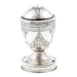 A George III urn shaped silver nutmeg grater and cover, engraved with festoons, the detachable