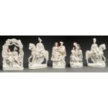 Five Staffordshire flatback groups and equestrian figures, including a pair, 19th c, 38cm h and