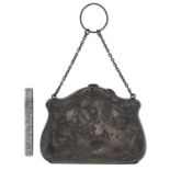 A George V silver purse, embossed with festoons, chain handle and finger ring, 12cm l, by J & R