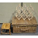 A large wicker lidded hamper and other items. Measures; 70cm wide.