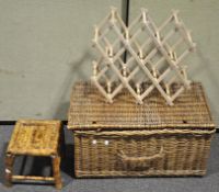 A large wicker lidded hamper and other items. Measures; 70cm wide.