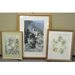 A group of three watercolours, two depicting floral scenes, all framed and glazed,