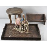A Japanese carved hardwood low table, 25cm high, together with a rectangular carved hardwood tray,