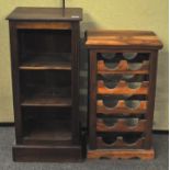 A hardwood bookcase and a hardwood wine rack. Largest 83cm.