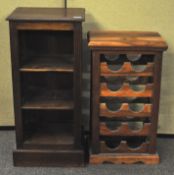 A hardwood bookcase and a hardwood wine rack. Largest 83cm.
