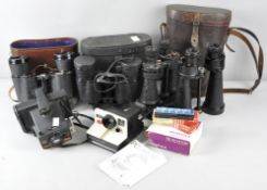 A collection of assorted Binoculars and Polaroids to include a Barr & Stroud pair of military