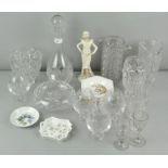 A collection of glassware to include a decanter and a Regal china figure.