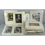 A box of assorted mounted prints, including etchings,