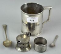 A plain white metal mug, of tapering cylindrical form,