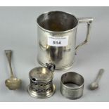 A plain white metal mug, of tapering cylindrical form,