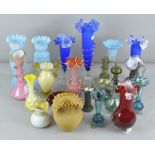 A large collection of late 19th/early 20th century ruffled glass vases and jugs,