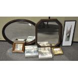 An oak cornered cut rectangular bevelled glass mirror;