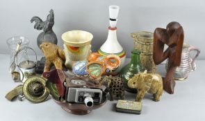 A collection of assorted mixed wares to include stone elephants, a lamp,