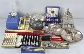A quantity of silver plate, to include a cruet set, flatware and a teapot,