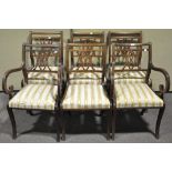 A set of six Regency style mahogany dining chairs with drop in seats. Measures; 89cm high.