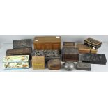 A collection of wooden and tin boxes to include a coffer shaped box,