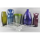A collection of assorted glass vases, along with a large art glass French bowl,