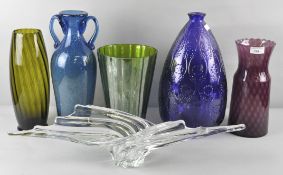 A collection of assorted glass vases, along with a large art glass French bowl,