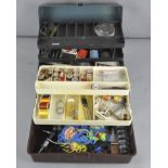 Two hinged opening tray tackle boxes,