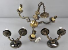 A three branch cast metal chandelier with matching sconces, with ceiling rose,