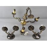 A three branch cast metal chandelier with matching sconces, with ceiling rose,