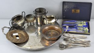 A collection of silver plate, to include a tray, flatware, wine bottle coaster and other items,