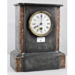 A 19th century black slate and specimen marble mantel clock with white enamel Roman dial,