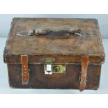 A vintage leather fishing tackle case with brass lock and baize lined interior,