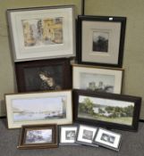 A collection of assorted prints, framed and glazed, including a watercolour of a harbour scene,