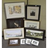 A collection of assorted prints, framed and glazed, including a watercolour of a harbour scene,