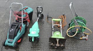 A Bosch electric lawn mower and two electric rotovators,