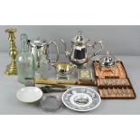 A collection of assorted metalware, to include a brass candlestick,