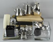 A collection of assorted wares to include butlers trays, stainless coffee pots and more.