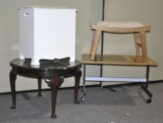 A mix of furniture to including round coffee table, linen box,