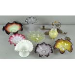 A collection of early coloured milk glass ruffled bowls,