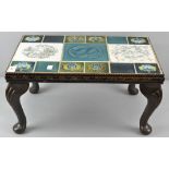 A rectangular occasional table, inlaid with Art Nouveau and other tiles,