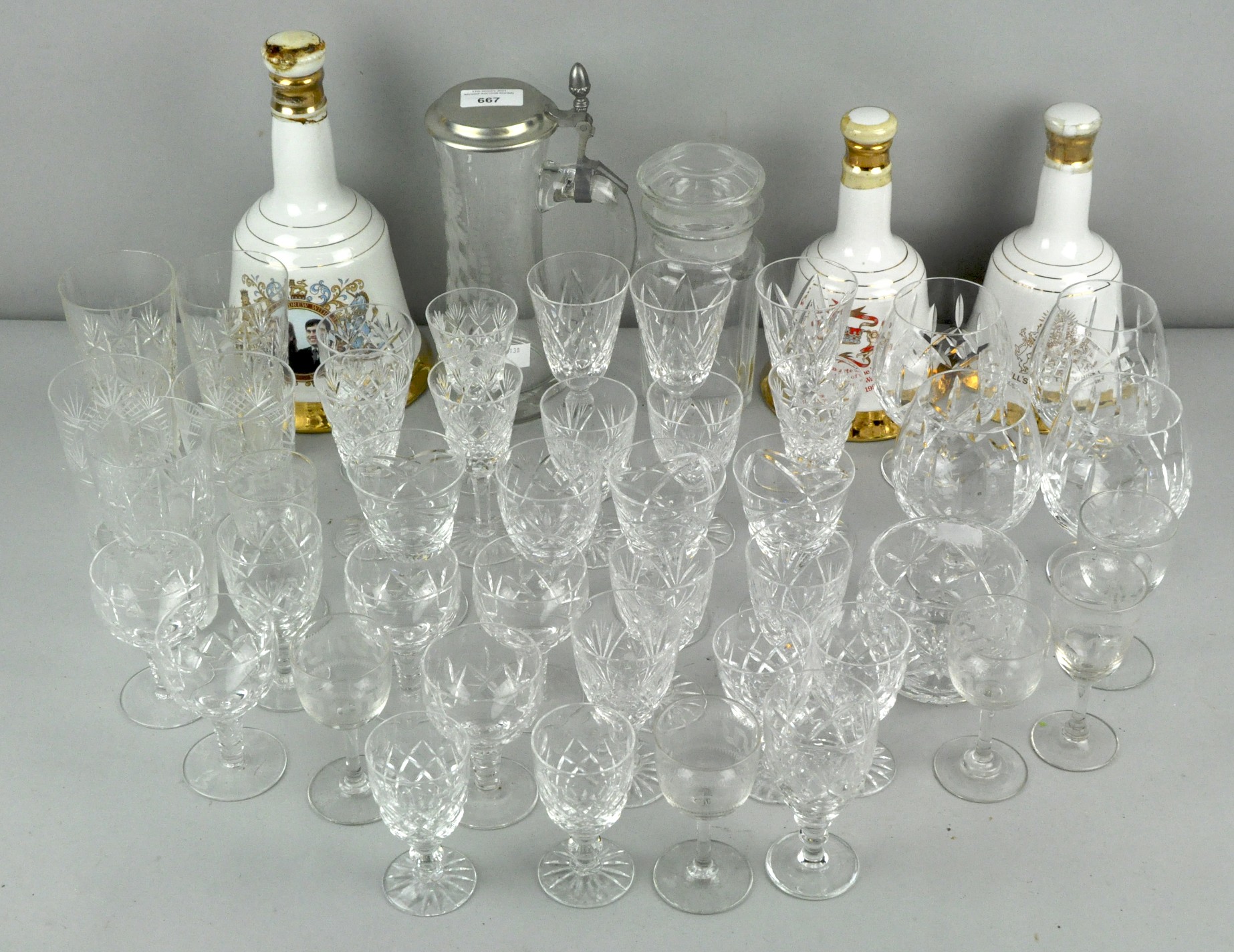 A collection of assorted cut glass, stein, brandy glasses and more. Tallest 23cm.