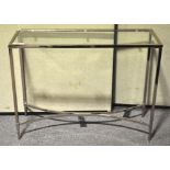 A contemporary chromed and glass console table. Measures; 77cm x 100cm.