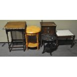 Assorted furniture, including a barley twist side table and an upholstered stool,