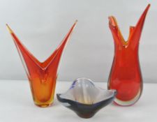 Two 1960's Murano Sommerso cased glass vases, together with a tri-form bowl,