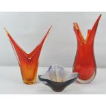 Two 1960's Murano Sommerso cased glass vases, together with a tri-form bowl,